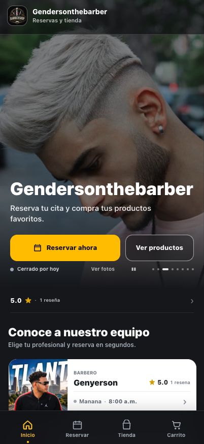 Portal real de Gendersonthebarber en GShop Pro, con fotografía, reservas, productos y equipo